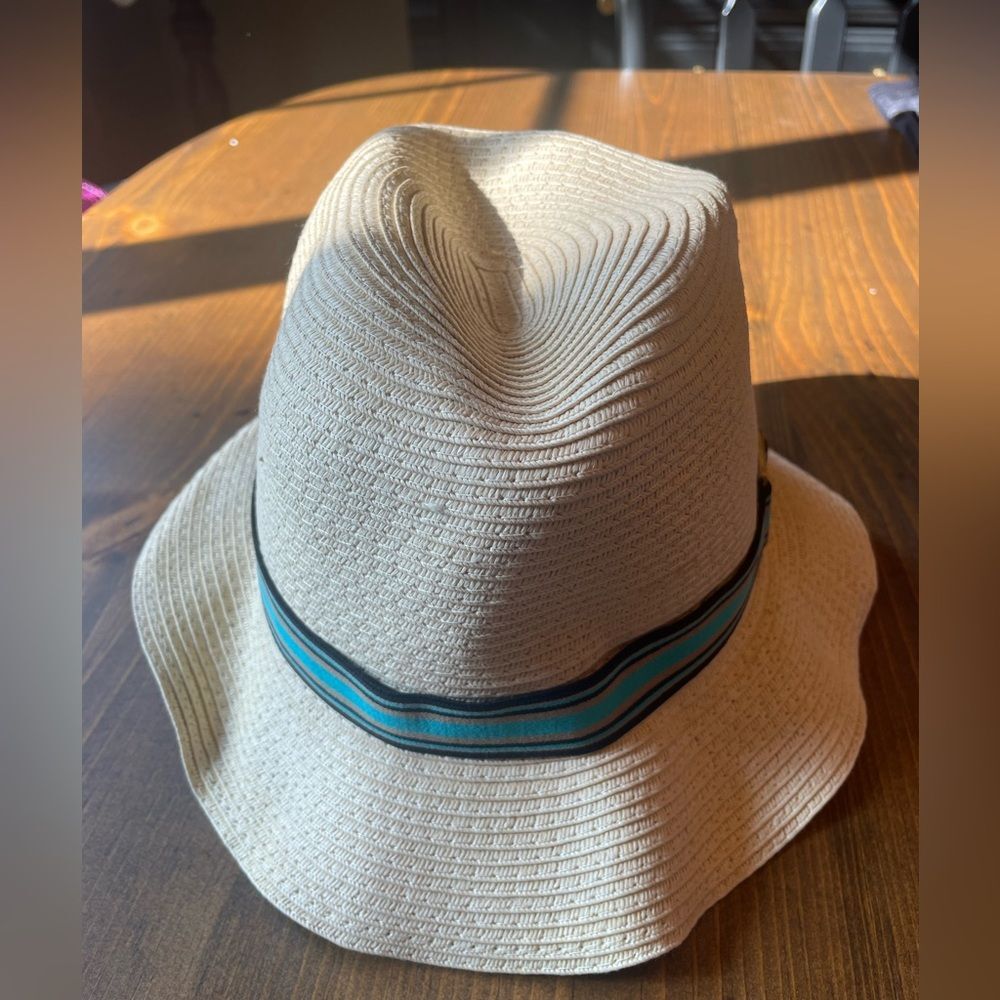 Anne Cole straw hat with navy/aqua trim